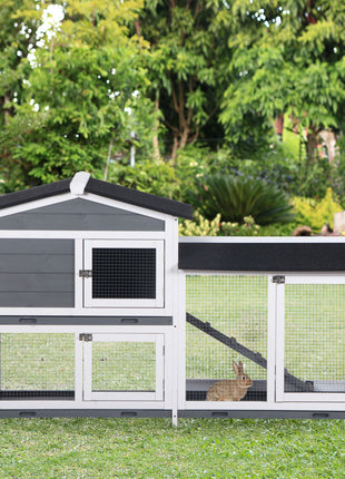 2-tier Indoor Rabbit Enclosure, Wood Hutch Backyard Small Animal House Ramp Outdoor Run Enclosed