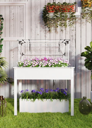 Elevated Garden Box with Greenhouse Cover, Raised Garden Bed with Legs and Drainage Hole for Vegetables, White
