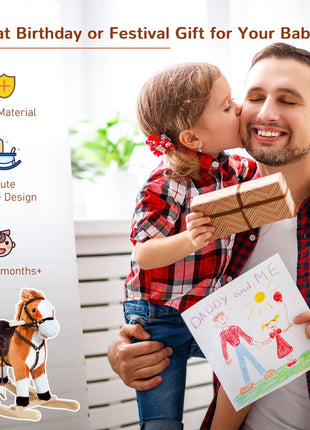 Kids Plush Toy Rocking Horse, Wooden Ride-on Chair, Plush Animal Rocker with Realistic Sounds and Moving Tail for Toddlers, Brown