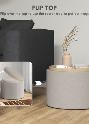 Round Storage Ottoman Coffee Table with Flip Top Tray, Linen Fabric Upholstered Footstool with Hidden Compartment