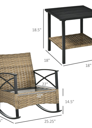 3 Piece Patio Rocking Chair Set, Outdoor Wicker Bistro Set with 2 Oversize Cushioned Porch Rockers and 2 Tier Coffee Table for Garden, Backyard, Light Gray