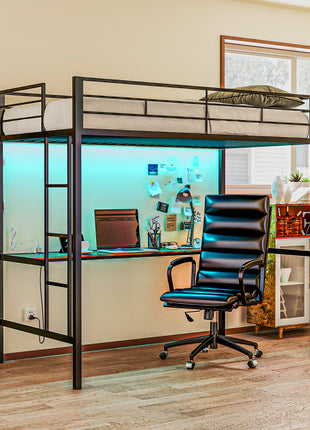 Twin Size Loft Bed with Desk, LED Lights, Charging Station, Twin Metal Loft Bed Frame with Ladder, Black