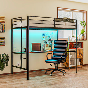 Twin Size Loft Bed with Desk, LED Lights, Charging Station, Twin Metal Loft Bed Frame with Ladder, Black