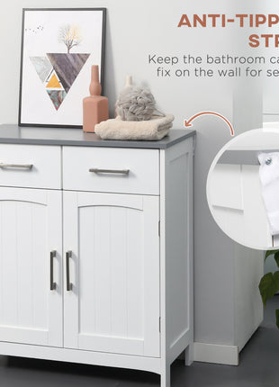 Bathroom Floor Cabinet, Freestanding Linen Cabinet, Storage Cabinet with 2 Drawers, Double Doors, Adjustable Shelf, White