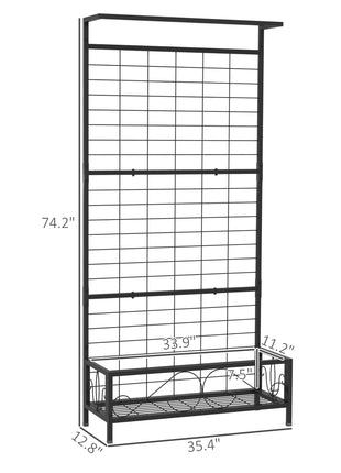 Metal Tall Plant Stand with Trellis and Hanging Bar, Plant Holder for Indoor Outdoor Use, 35" x 12.8" x 74", Black