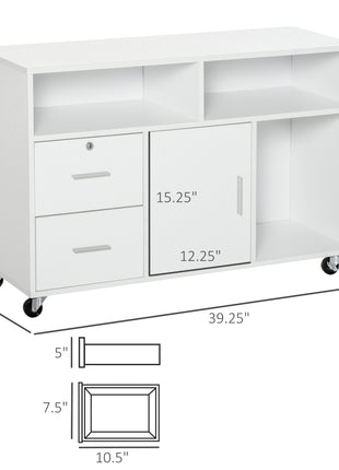 Printer Stand Home Office Mobile Storage Cabinet Organizer Desktop with Caster Wheels, 2 Locking Breaks and Drawer, White