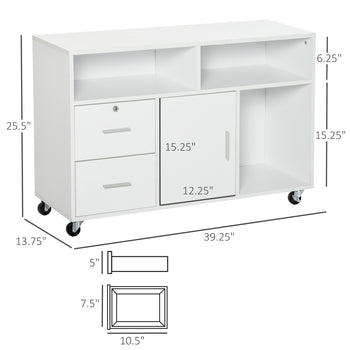 Printer Stand Home Office Mobile Storage Cabinet Organizer Desktop with Caster Wheels, 2 Locking Breaks and Drawer, White
