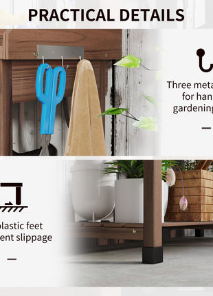 Potting Bench Table, Outdoor Garden Table Wooden Work Station with Removable Sink, Faucet, Drawer, Shelves, Hooks, Dark Brown