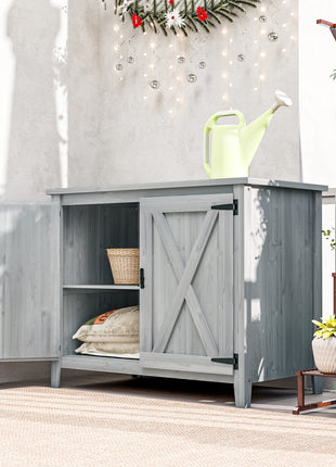 Wooden Outdoor Storage Cabinet, Garden Shed Potting Shed with Shelf and Double Doors, Light Gray