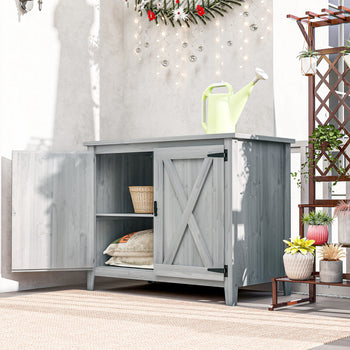 Wooden Outdoor Storage Cabinet, Garden Shed Potting Shed with Shelf and Double Doors, Light Gray