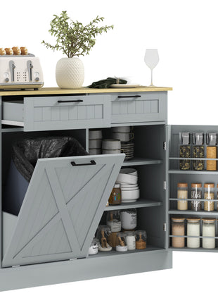 10 Gallon Farmhouse Kitchen Cabinet with Hidden Trash Can and 2 Drawers, Tilt Out Trash Can Cabinet for Kitchen, Gray
