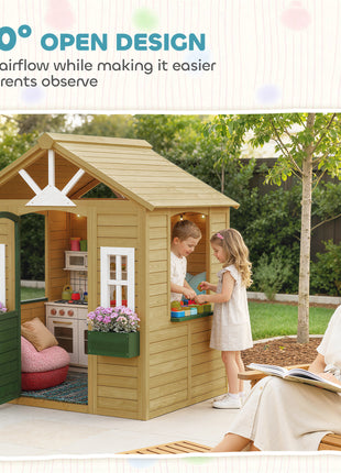 Outdoor Playhouse, Wooden Kids Playhouse with Door, 3 Windows, 2 Flower Boxes for Garden, Indoor Playroom, Ages 3–8