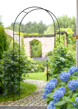 89.25" Metal Garden Arch with Gate, Garden Arbor Trellis for Climbing Plants, Roses, Vines, Wedding Arch, Black