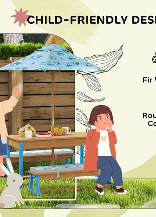 Kids Picnic Table Set with Foldable Umbrella, Removable Cushions & Boxes, Dinosaur Theme, Blue