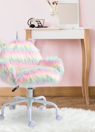 Fluffy Unicorn Office Chair with Mid-Back and Armrest Support, 5 Star Swivel Wheel White Base, Rainbow