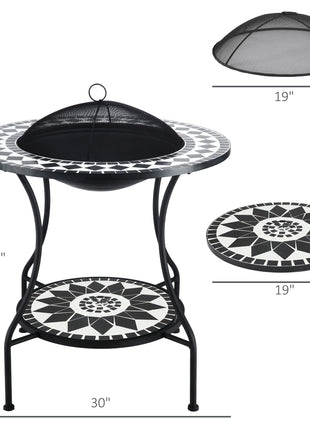 30" Outdoor Fire Pit Dining Table, 3-in-1 Round Wood Burning Fire Pit Bowl, Patio Ice Bucket with Storage Shelf, Spark Screen Cover for BBQ, Bonfire, Camping, Mosaic