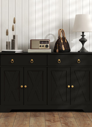 Kitchen Storage Sideboard, Farmhouse Buffet Cabinet with Barn Style Doors, Drawers, Adjustable Shelves, Black