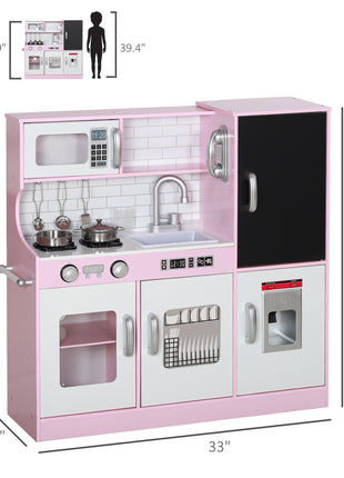 Pretend Play Kitchen, Kids Kitchen Playset with Play Phone, Chalkboard, Towel Rack & Ice Maker for 3-8 Years Pink