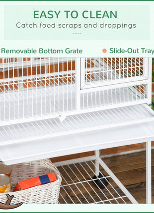 55" Large Parrot Cage with Toy Hooks Above Top Bird Perch, Tray, Food Cups, Rolling Stand, Bird Cage for Cockatiels, Parakeets, Lovebirds