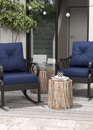 2 Piece Outdoor Wicker Rocking Chairs Rattan Porch Rockers with Cushions, Aluminum Frame for Garden, Patio, Blue