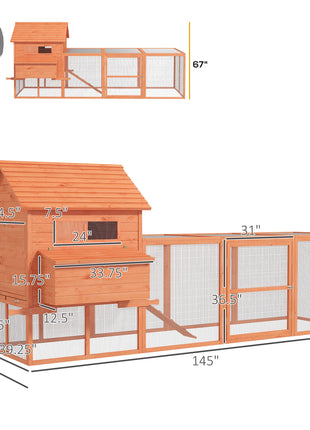 145" Wooden Chicken Coop with Run & Inner Hen House Space