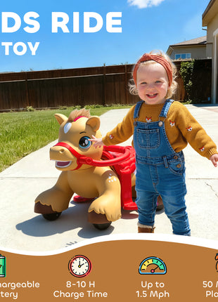 Ride On Horse Toy, 12V Battery Powered Ride on Toy with Carrot Toy, Comb and Sound, Electric Rocking Horse for Toddlers