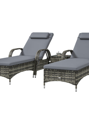 Patio Wicker Chaise Lounge Chair Set of 2 with Table, Adjustable Backrest, Wheels, Cushion & Headrest, Gray