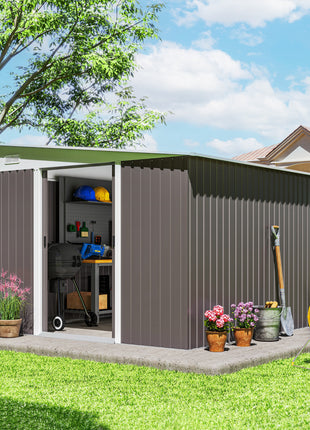 11' x 9' Metal Outdoor Storage Shed, Tool House with Double Lockable Doors for Backyard, Patio, Lawn, Garage, Gray