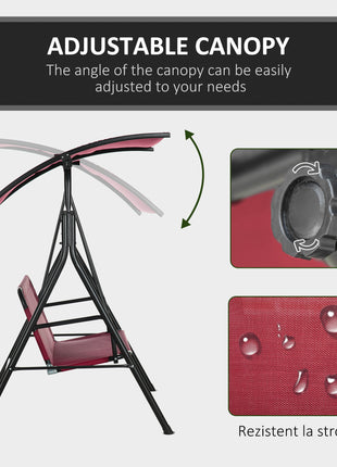 3-Person Porch Swing with Stand, Outdoor Swing for Patio Porch with Adjustable Tilt Canopy and Comfortable Swing Bench-Style Seat, Steel Frame, Wine Red