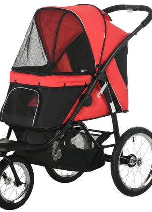 3 Wheels Pet Stroller for Small Dogs and Medium Dogs with Adjustable Canopy, Safety Tether, Storage Basket, Red