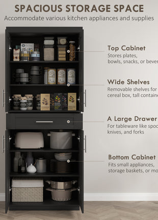 Modern Kitchen Pantry Freestanding Cabinet Cupboard with Doors and Drawer, Adjustable Shelving, Black