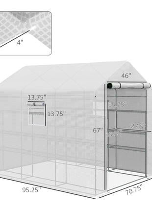 8' x 6' x 7' Portable Walk in Greenhouse with Mesh, Door, Windows, 18 Shelf, Trellis, Plant Labels, White