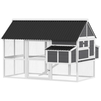 Wooden Chicken Coop with Run, 2 Nesting Boxes, 2 Roosting Bars, Ramp & Tray, Poultry Cage for 4-6 Chickens, Gray