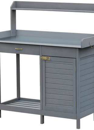 Outdoor Potting Bench Table, Garden Work Station with Storage Cabinet, Open Shelf and Steel Tabletop, Gray