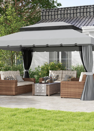 10' x 13' Patio Gazebo w/ Aluminum Frame Double Roof, Outdoor Gazebo Canopy Shelter with Netting & Curtains, Gray