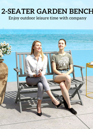 2-Person Foldable Wood Outdoor Bench with Backrest and Armrests for Garden, Porch, Park, Balcony, Gray