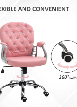 Makeup Vanity Chair, PU Leather Computer Task Chair with Button Tufted, Padded Armrests, Adjustable Height and Swivel Wheels, Pink