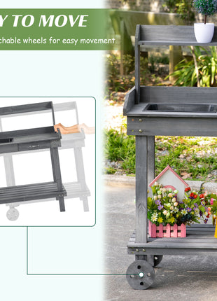 36'' Wooden Potting Bench Work Table with 2 Removable Wheels, Sink, Drawer & Large Storage Spaces, Gray
