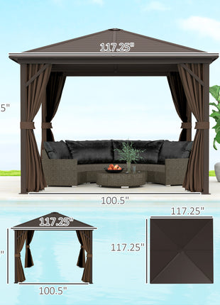 10' x 10' Hardtop Gazebo Canopy, Permanent Pavilion with Hook, Curtains, Aluminum Frame for Patio, Garden, Dark Brown