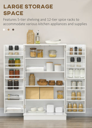 Freestanding Kitchen Pantry Cabinet, Kitchen Sideboard Cabinet with 12 Door Shelves, Double Doors, 5-tier Shelving, Paper White
