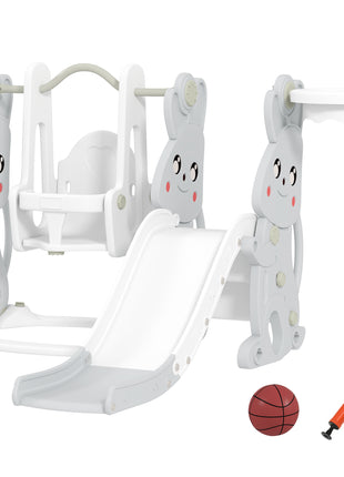 4 in 1 Toddler Slide and Swing Set with Climber, Basketball Hoop, Rabbit Themed Kids Playset for Ages 1.5-4, Gray