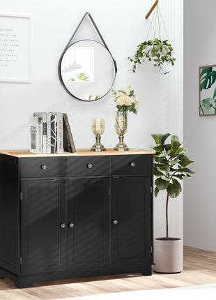 Kitchen Storage Cabinet, Sideboard Floor Cupboard with Solid Wood Top, Adjustable Shelf, and 3 Drawers, Black