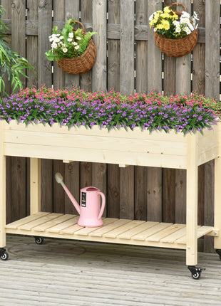 Raised Garden Bed, 47" x 22" x 33", Elevated Wooden Planter Box w/ Lockable Wheels, Storage Shelf, and Bed Liner for Backyard, Patio, Natural