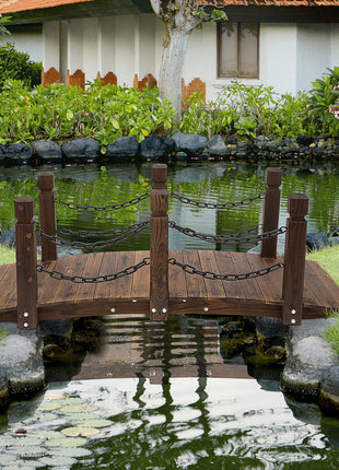 5 ft Wooden Garden Bridge Arc Footbridge with Metal Chain Railings & Solid Fir Construction, Carbonized