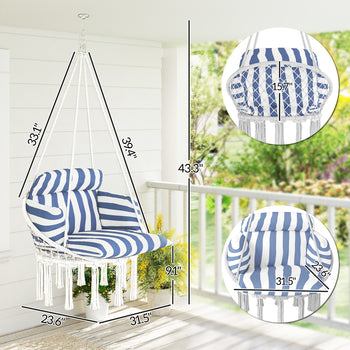 Hammock Swing Chair, Macrame Hanging Chair with Large Cushion, Chain, Steel Frame for Indoor Outdoor Use, Blue and White