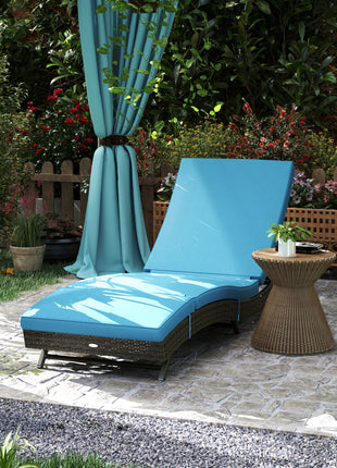Patio Wicker Chaise Lounge Chair, Outdoor PE Rattan Sun lounger with Adjustable Backrest and 2 Wheels, Sky Blue