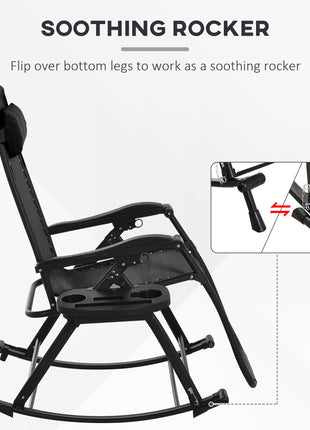 2 Outdoor Rocking Chairs Foldable Reclining Zero Gravity Lounge Rockers w/ Pillow Cup & Phone Holder, Black