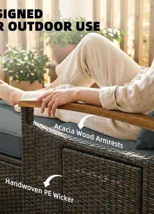 Rattan Outdoor Daybed w/4-Level Adjustable Backrest, Patio Sofa Bed w/Storage Ottoman, Acacia Wood Armrest, Mixed Gray