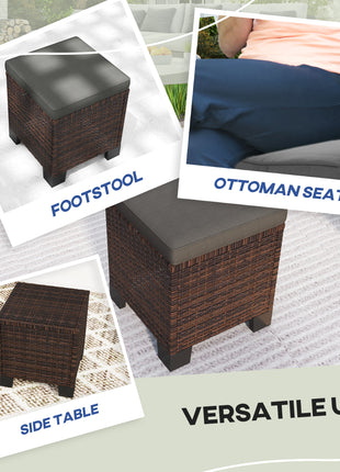 2 Piece Wicker Outdoor Ottomans with Cushions, Rattan Ottoman Footrest and Side Table for Patio, Yard, Poolside, Gray