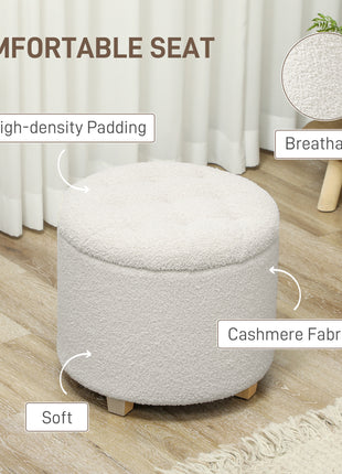 18" Round Ottoman with Storage, Teddy Fleece Button Tufted Foot Stool with Lid, Wood Legs for Living Room Hallway, White